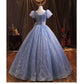 Puffed Sleeve Blue Sparkle Tulle Ball Gown Dress