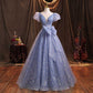 Puffed Sleeve Blue Sparkle Tulle Ball Gown Dress