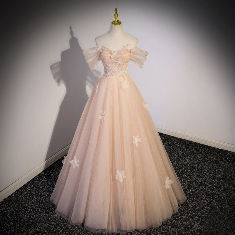 Blush Pink Tulle Formal Dress | Off-Shoulder Princess Style Evening Gown for Prom & Graduation