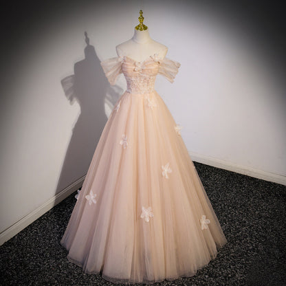 Blush Pink Tulle Formal Dress | Off-Shoulder Princess Style Evening Gown for Prom & Graduation