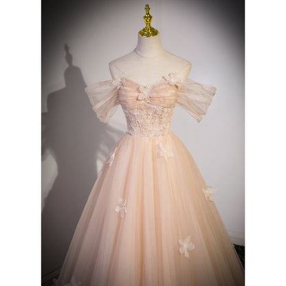 Blush Pink Tulle Formal Dress | Off-Shoulder Princess Style Evening Gown for Prom & Graduation