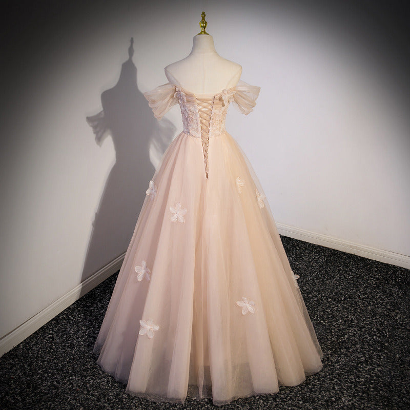 Blush Pink Tulle Formal Dress | Off-Shoulder Princess Style Evening Gown for Prom & Graduation