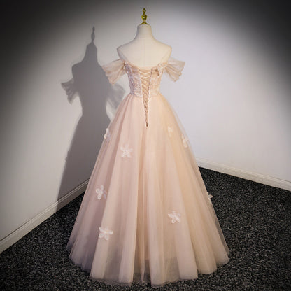 Blush Pink Tulle Formal Dress | Off-Shoulder Princess Style Evening Gown for Prom & Graduation
