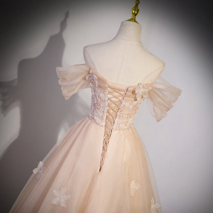 Blush Pink Tulle Formal Dress | Off-Shoulder Princess Style Evening Gown for Prom & Graduation