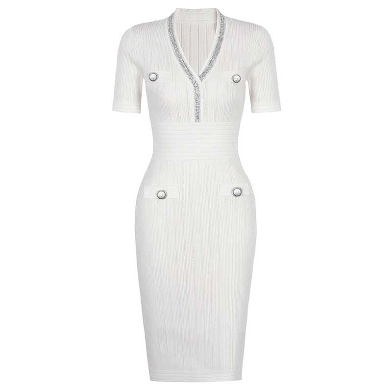 Short Sleeve Bodycon Knit Dress V-Neck