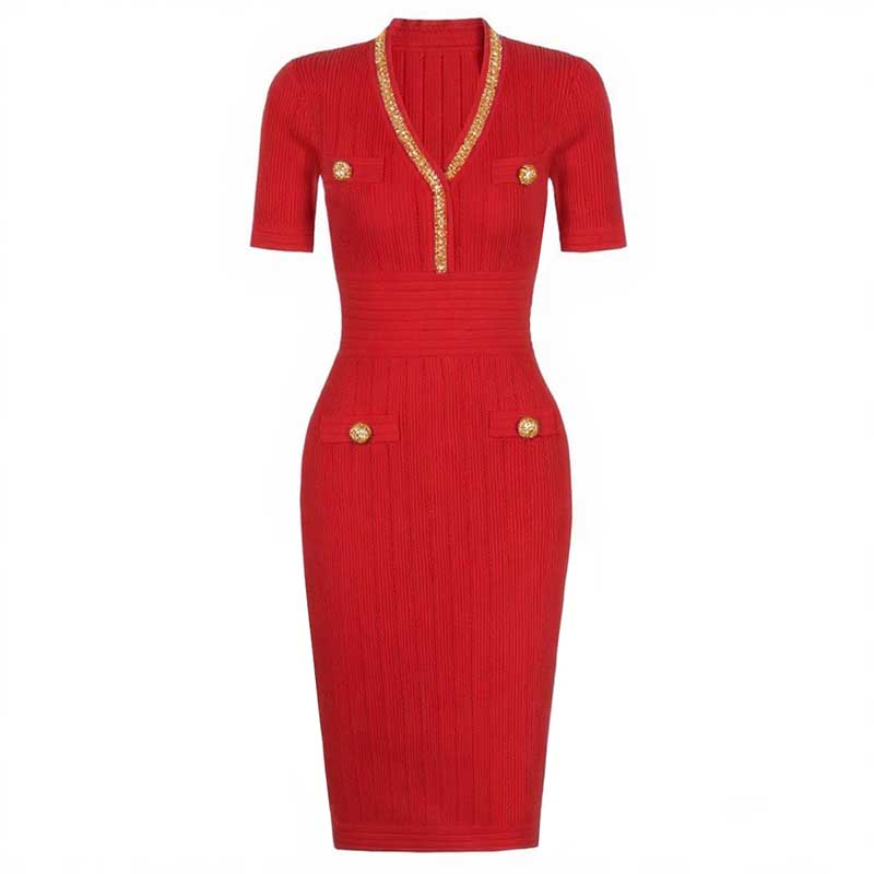 Short Sleeve Bodycon Knit Dress V-Neck
