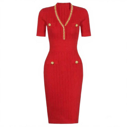 Short Sleeve Bodycon Knit Dress V-Neck