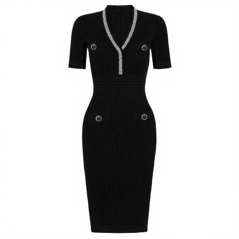 Short Sleeve Bodycon Knit Dress V-Neck