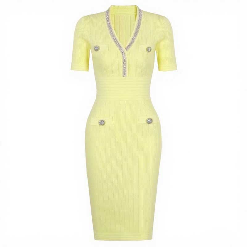 Short Sleeve Bodycon Knit Dress V-Neck