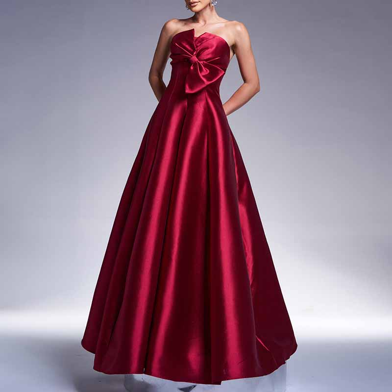 Bow Detail Bustier Prom Dress Burgundy Satin Wedding Bridesmaid Dress Ball Gown