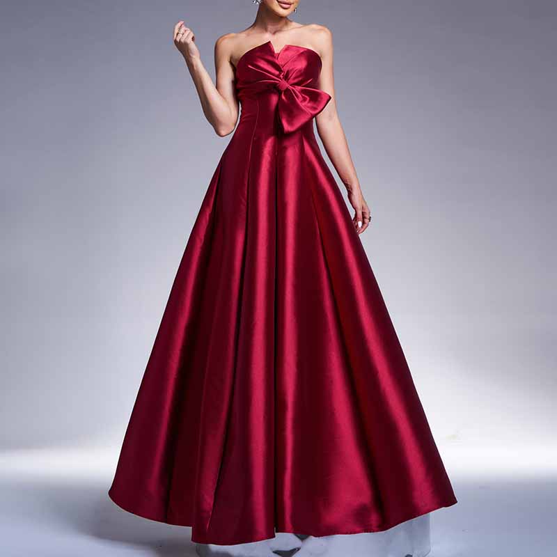 Bow Detail Bustier Prom Dress Burgundy Satin Wedding Bridesmaid Dress Ball Gown