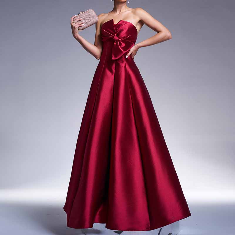 Bow Detail Bustier Prom Dress Burgundy Satin Wedding Bridesmaid Dress Ball Gown