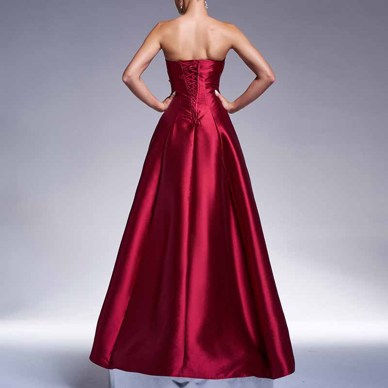 Bow Detail Bustier Prom Dress Burgundy Satin Wedding Bridesmaid Dress Ball Gown