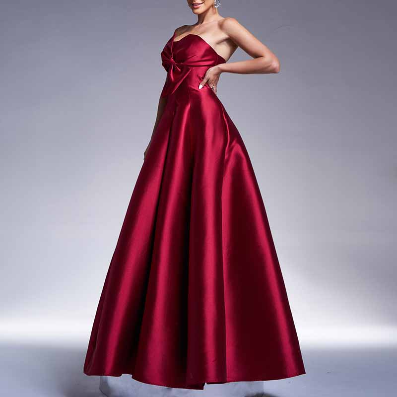 Bow Detail Bustier Prom Dress Burgundy Satin Wedding Bridesmaid Dress Ball Gown