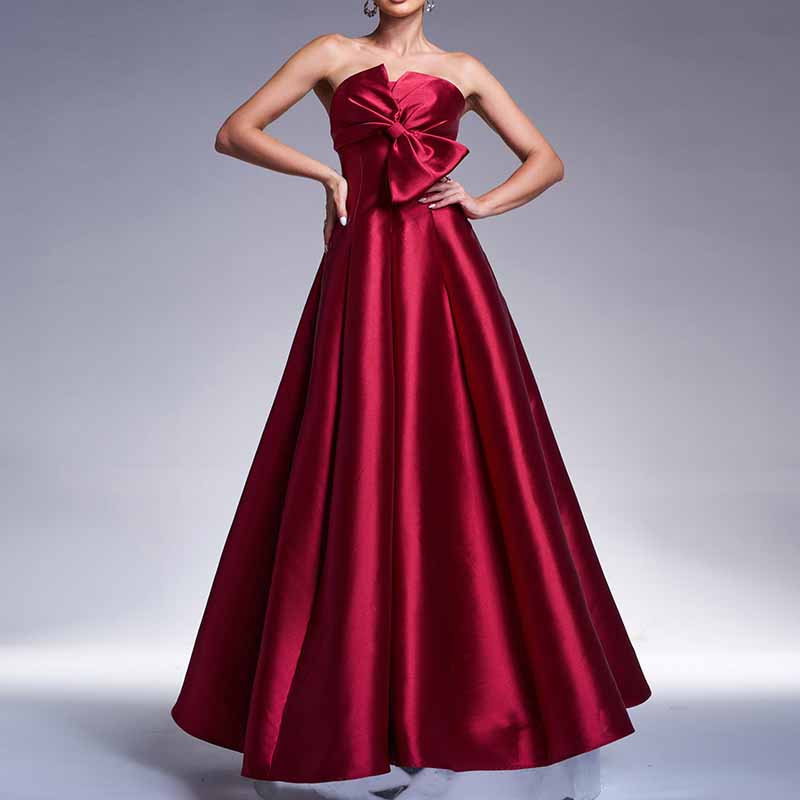 Bow Detail Bustier Prom Dress Burgundy Satin Wedding Bridesmaid Dress Ball Gown