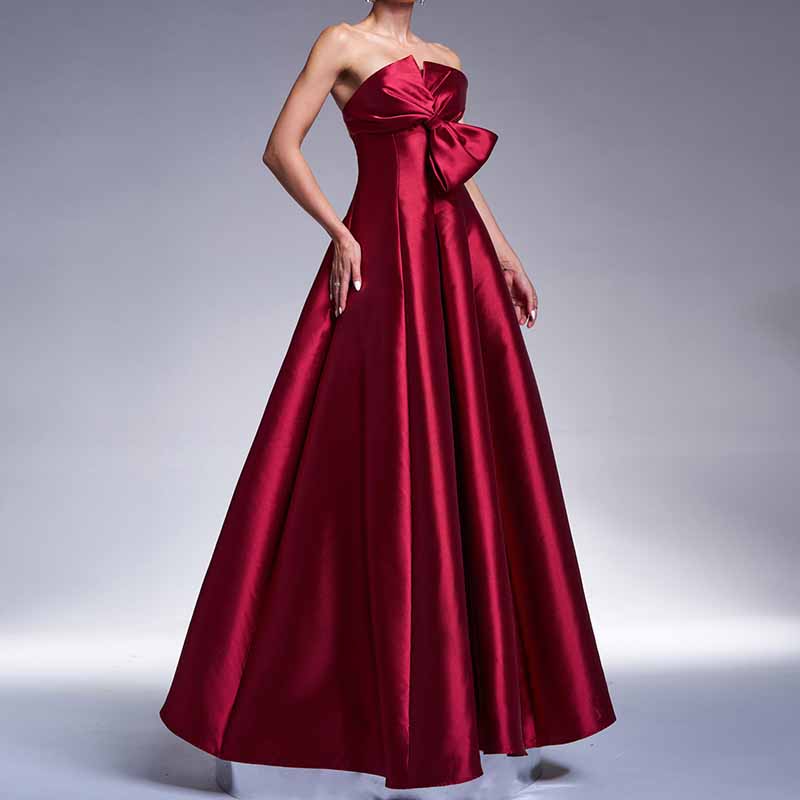 Bow Detail Bustier Prom Dress Burgundy Satin Wedding Bridesmaid Dress Ball Gown