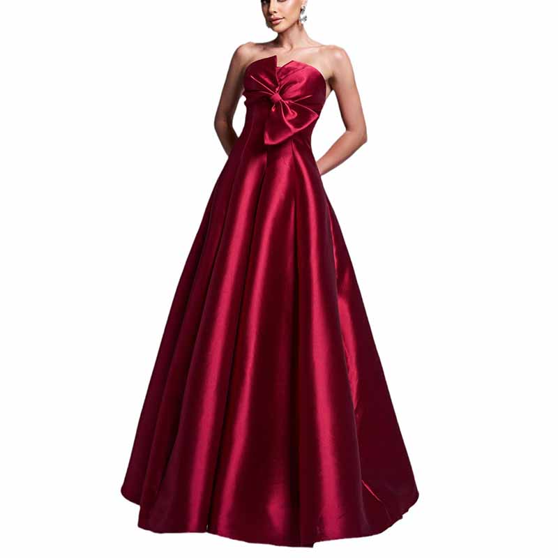 Bow Detail Bustier Prom Dress Burgundy Satin Wedding Bridesmaid Dress Ball Gown