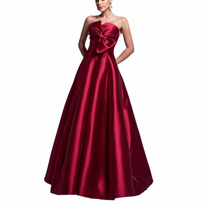 Bow Detail Bustier Prom Dress Burgundy Satin Wedding Bridesmaid Dress Ball Gown