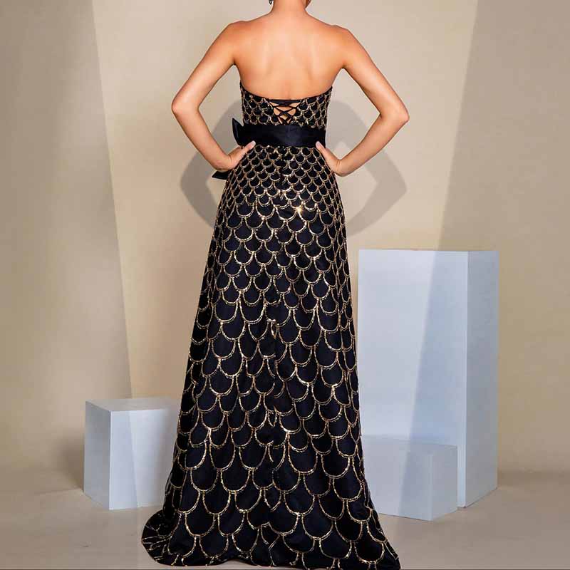 Bow Detail Bustier Long Prom Dress Black Sequin Long Evening Dress