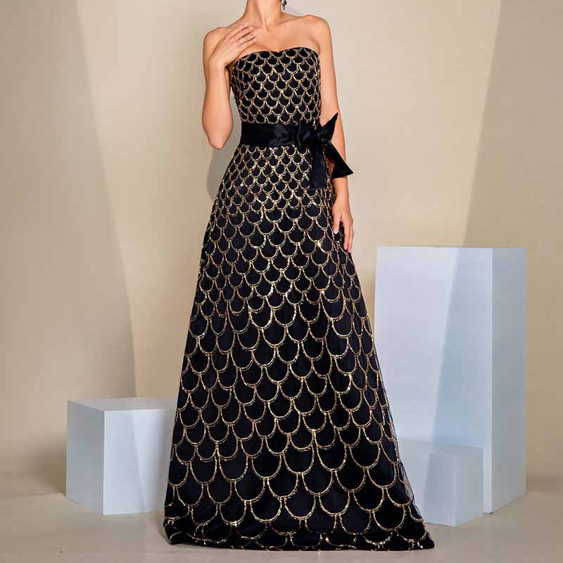 Bow Detail Bustier Long Prom Dress Black Sequin Long Evening Dress