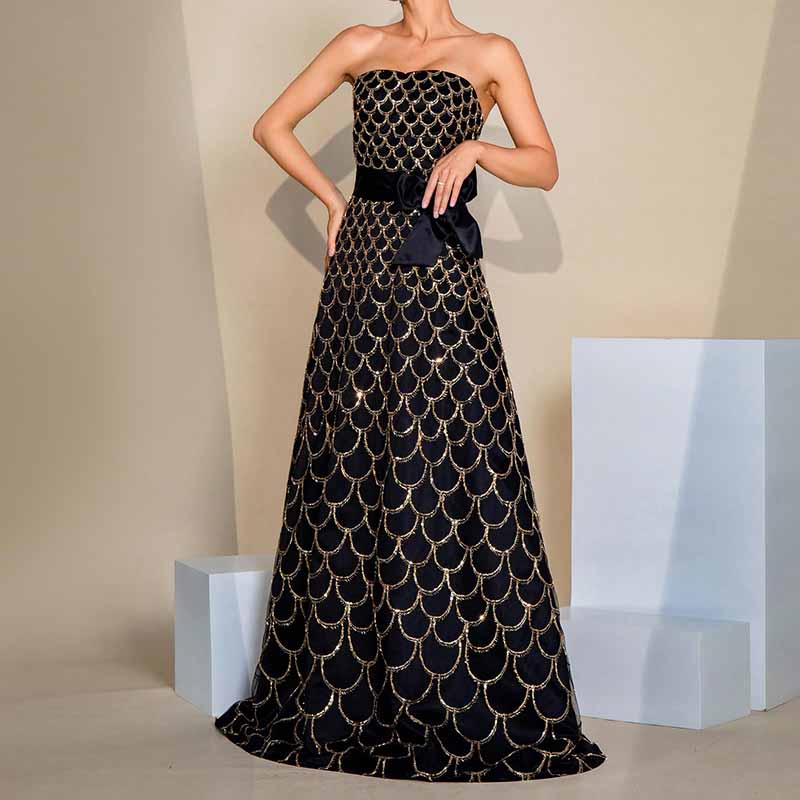 Bow Detail Bustier Long Prom Dress Black Sequin Long Evening Dress