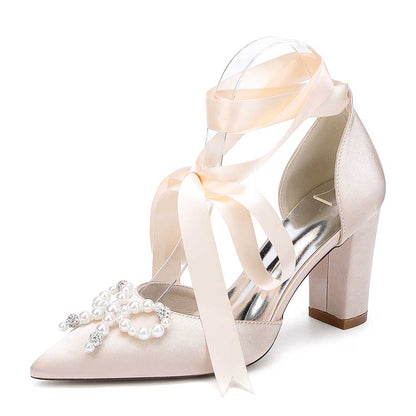 Bridal Chunky Heel Shoes Lace-Up Bridal Shoes With Pearl Bow Prom Heels