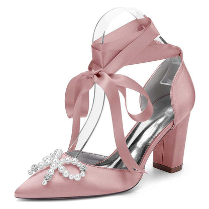 Bridal Chunky Heel Shoes Lace-Up Bridal Shoes With Pearl Bow Prom Heels