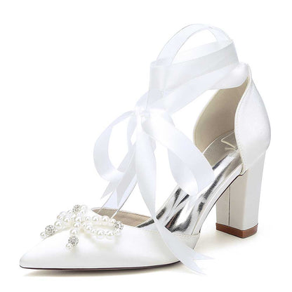 Bridal Chunky Heel Shoes Lace-Up Bridal Shoes With Pearl Bow Prom Heels