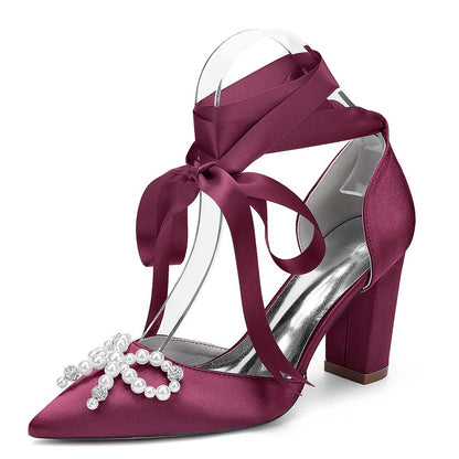 Bridal Chunky Heel Shoes Lace-Up Bridal Shoes With Pearl Bow Prom Heels