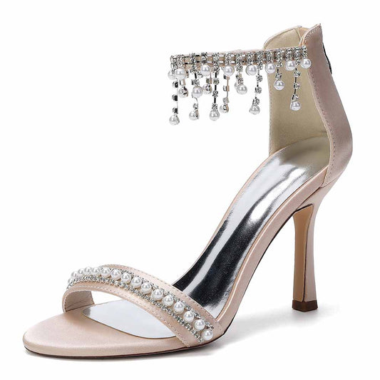 Bridal Sandals with Pearls & Rhinestones, Ankle Strap High Heels for Wedding Party Evening Dress