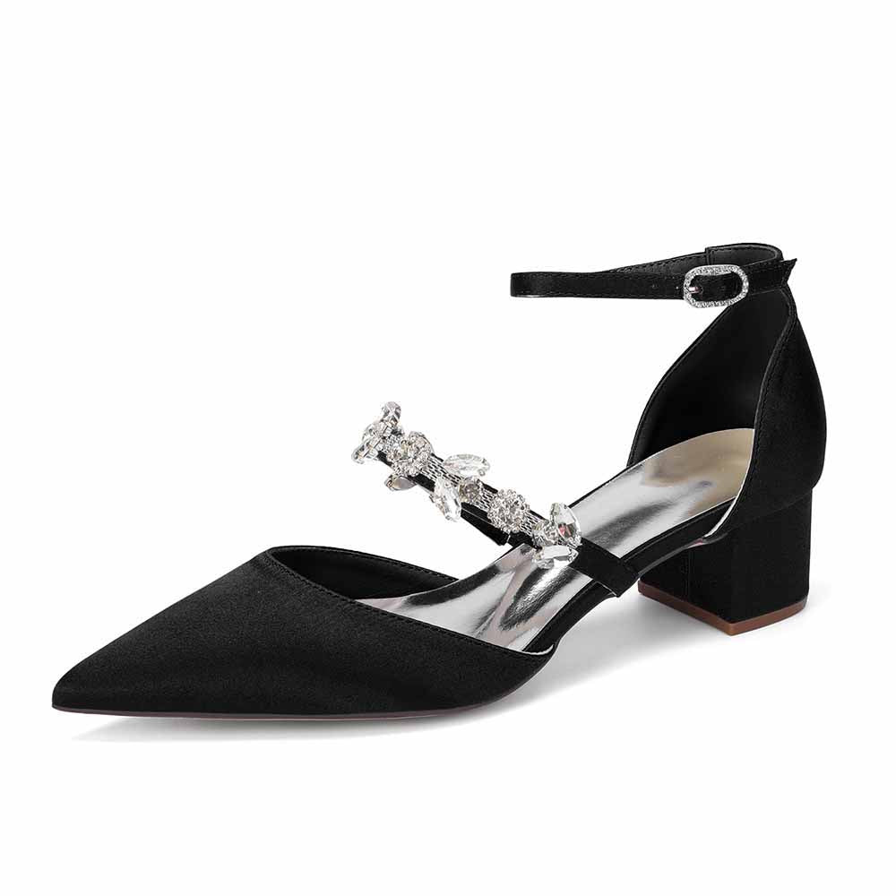Elegant White Satin Ankle Strap Bridal Shoes with Crystal Embellishments