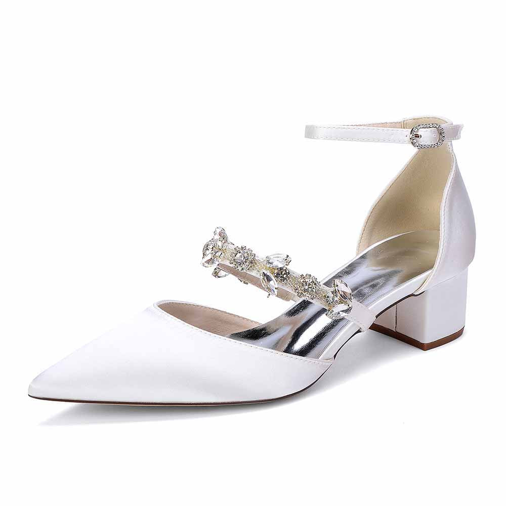 Elegant White Satin Ankle Strap Bridal Shoes with Crystal Embellishments
