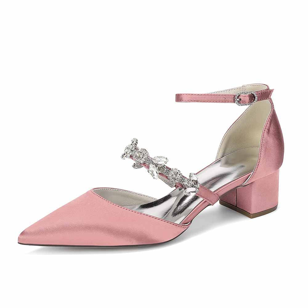Elegant White Satin Ankle Strap Bridal Shoes with Crystal Embellishments
