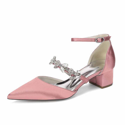 Elegant White Satin Ankle Strap Bridal Shoes with Crystal Embellishments