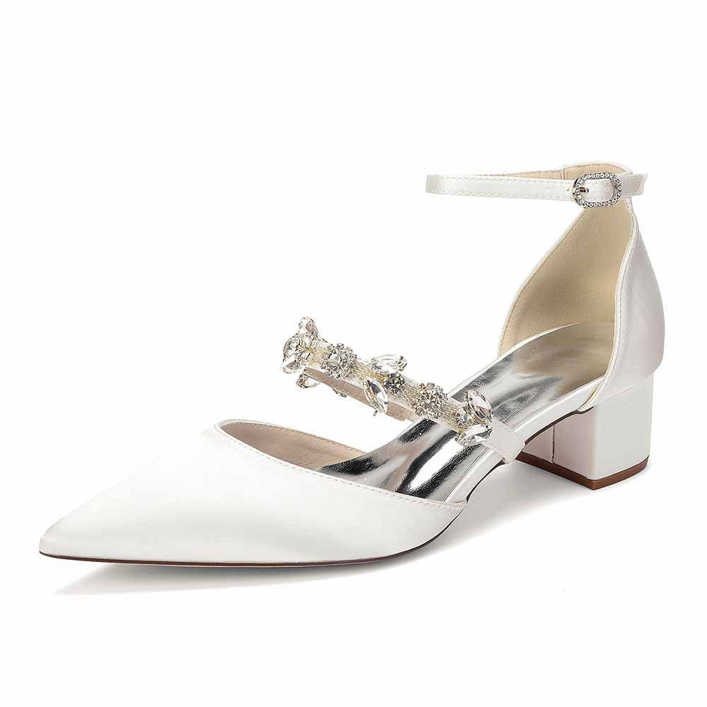Elegant White Satin Ankle Strap Bridal Shoes with Crystal Embellishments