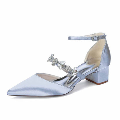 Elegant White Satin Ankle Strap Bridal Shoes with Crystal Embellishments