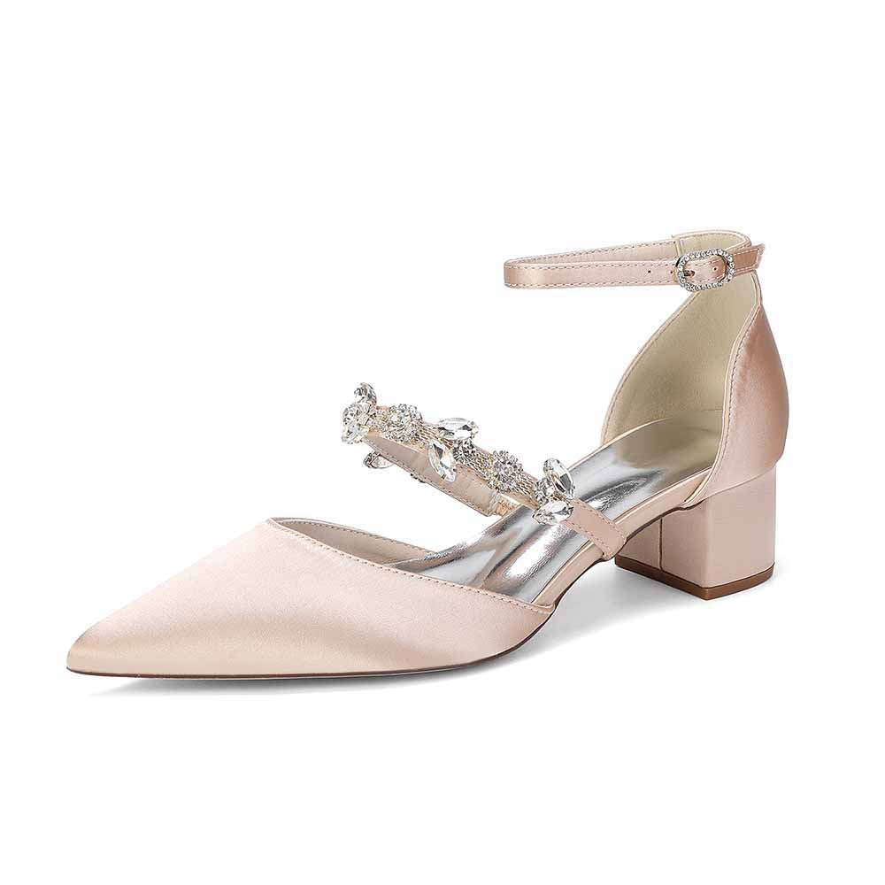 Elegant White Satin Ankle Strap Bridal Shoes with Crystal Embellishments