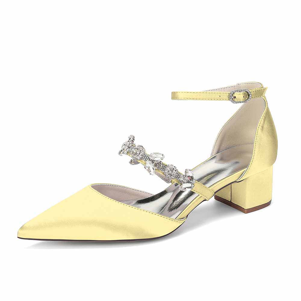 Elegant White Satin Ankle Strap Bridal Shoes with Crystal Embellishments