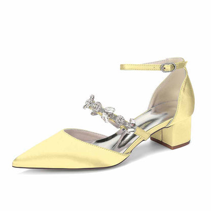 Elegant White Satin Ankle Strap Bridal Shoes with Crystal Embellishments