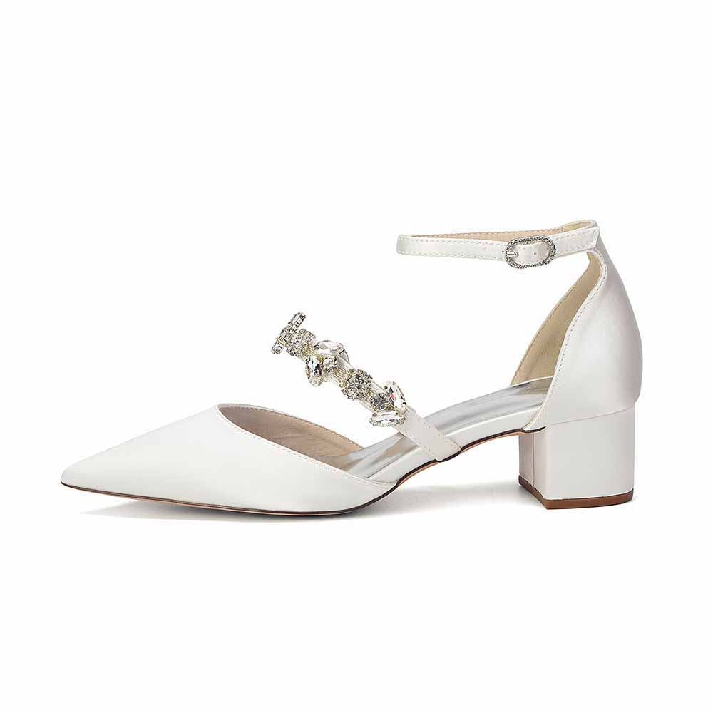 Elegant White Satin Ankle Strap Bridal Shoes with Crystal Embellishments