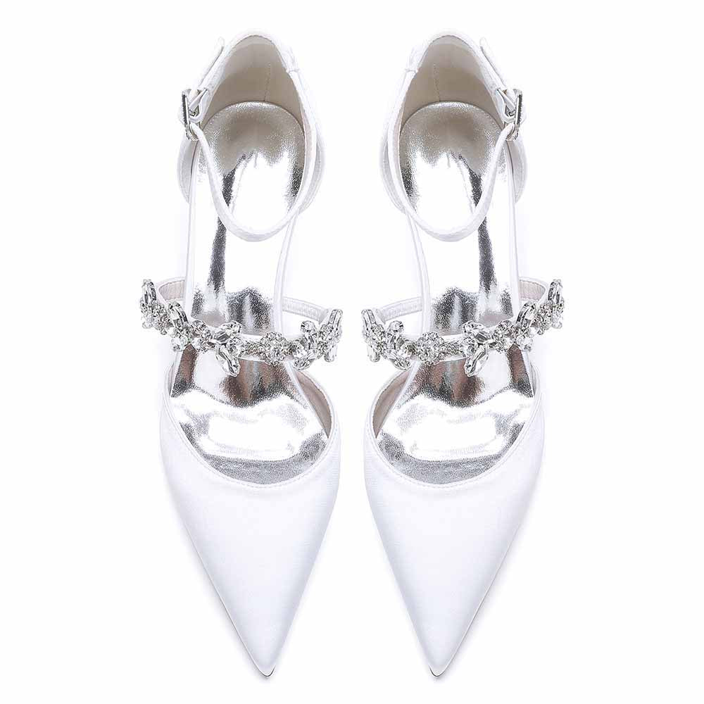 Elegant White Satin Ankle Strap Bridal Shoes with Crystal Embellishments