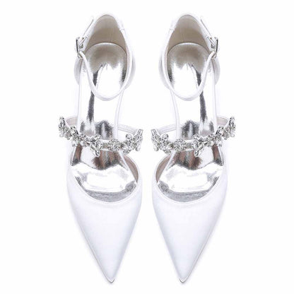Elegant White Satin Ankle Strap Bridal Shoes with Crystal Embellishments