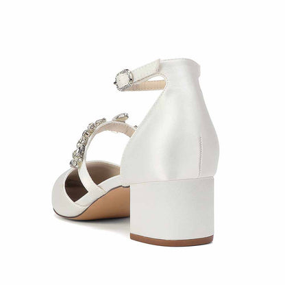Elegant White Satin Ankle Strap Bridal Shoes with Crystal Embellishments