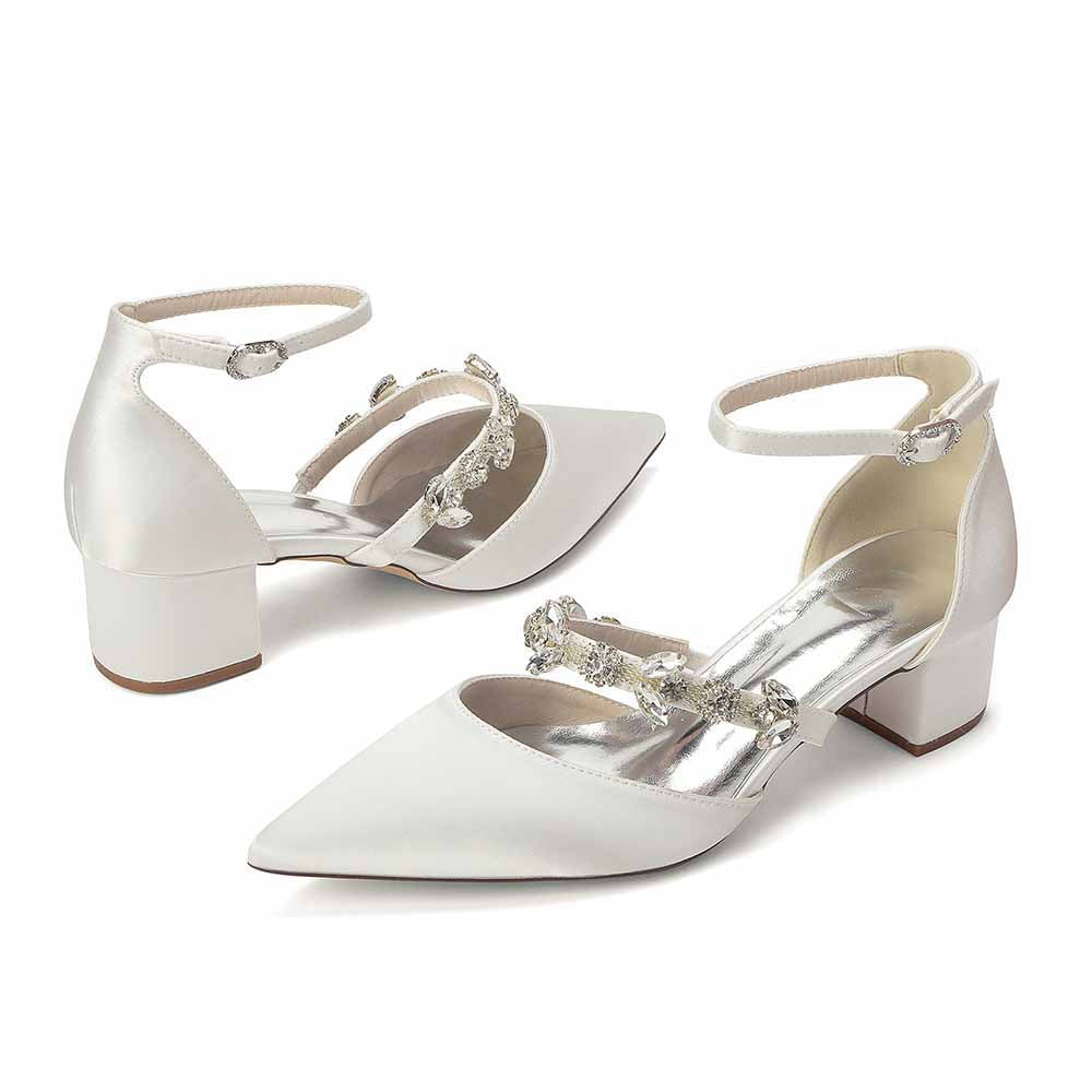 Elegant White Satin Ankle Strap Bridal Shoes with Crystal Embellishments