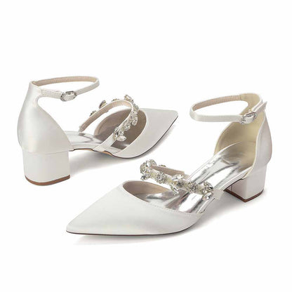 Elegant White Satin Ankle Strap Bridal Shoes with Crystal Embellishments