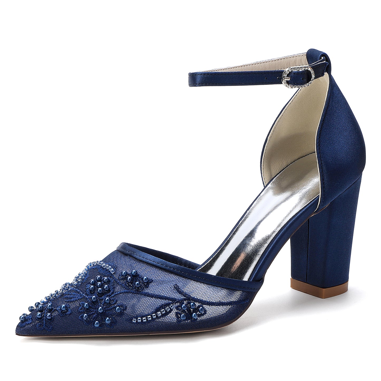 Bridal Shoes with Pearl Accents - Chunk Heel and Ankle Strap