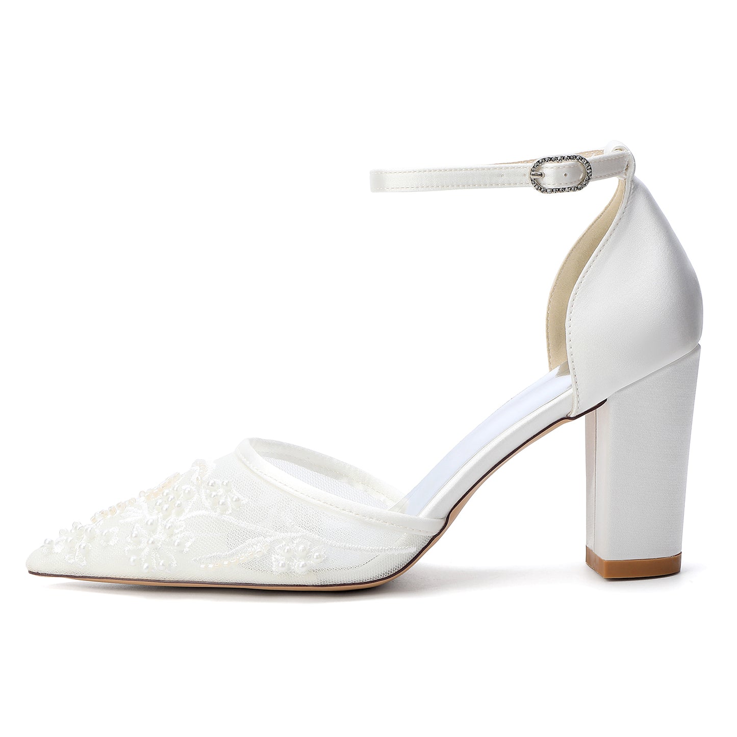 Bridal Shoes with Pearl Accents - Chunk Heel and Ankle Strap