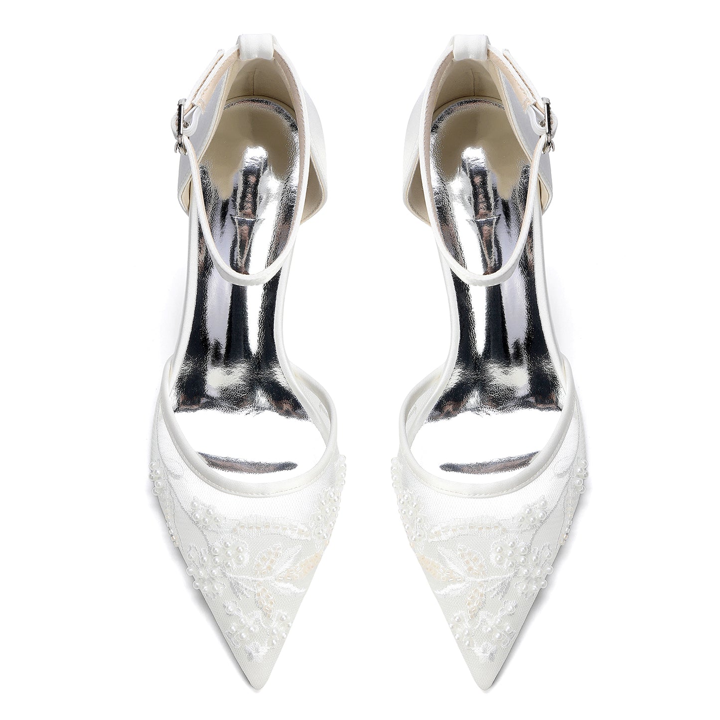 Bridal Shoes with Pearl Accents - Chunk Heel and Ankle Strap