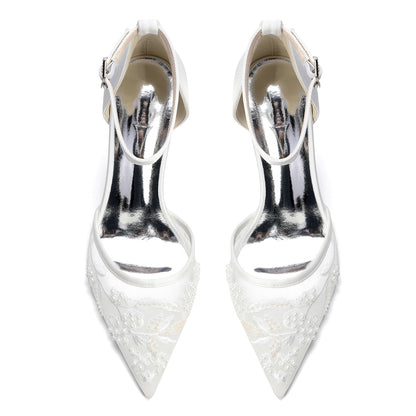 Bridal Shoes with Pearl Accents - Chunk Heel and Ankle Strap