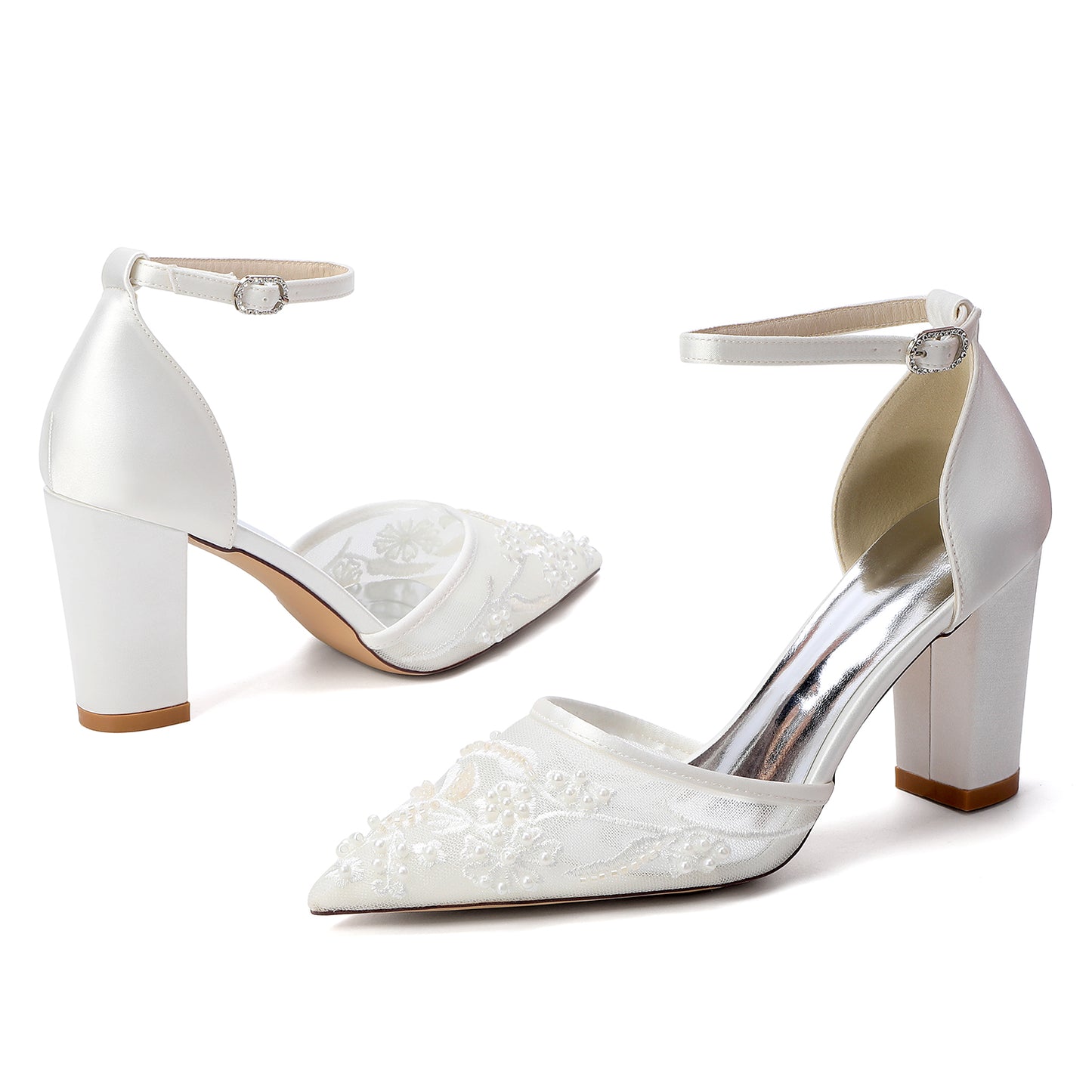 Bridal Shoes with Pearl Accents - Chunk Heel and Ankle Strap